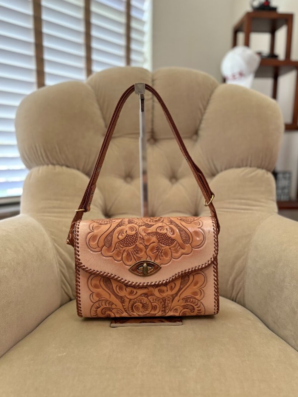 VTG NEW Auth MEEKER Hand Tooled Keather Art Deco Convertible Shoulder Bag